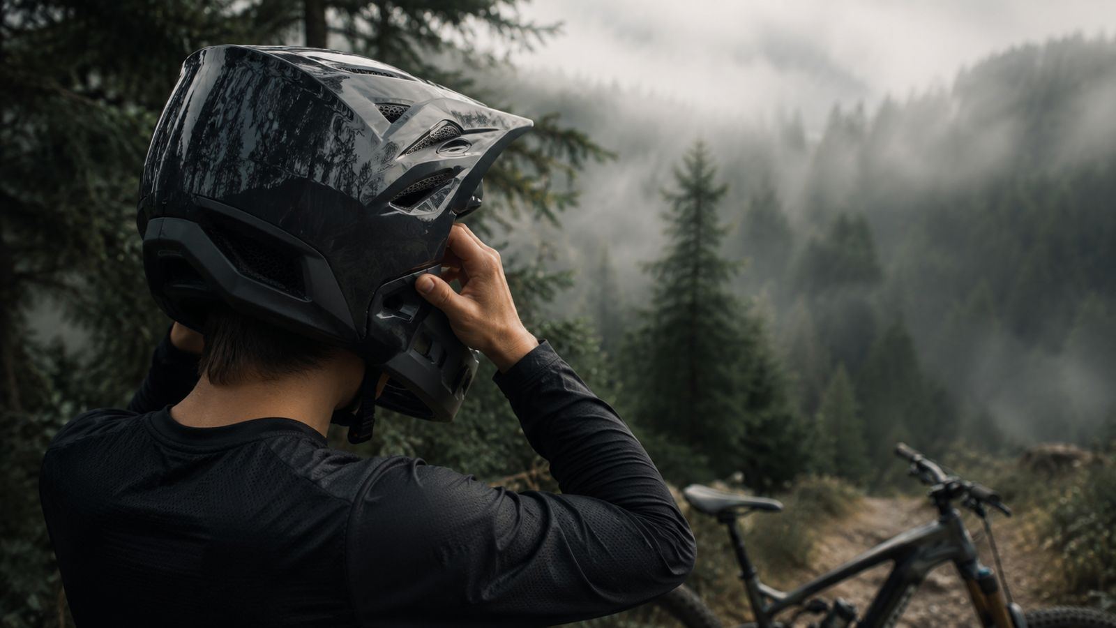 Rider colocándose el casco frente al bosque